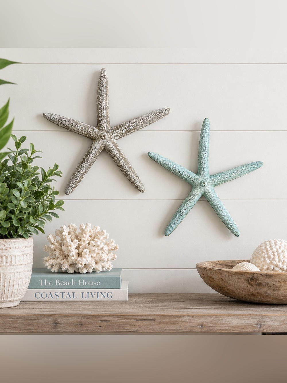 Set of 2 Starfish Coastal Wall Decor Gray Blue Beach Nautical Sea Stars